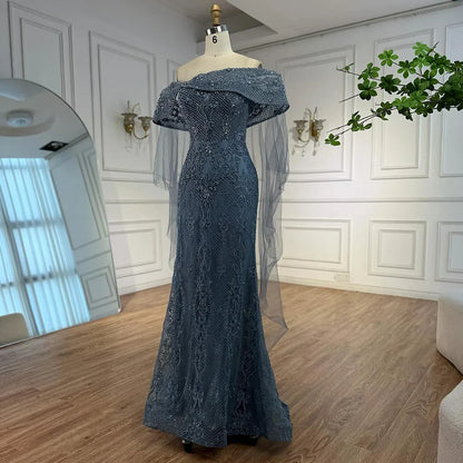 Luxury Blue Lace Off Shoulder Evening Dress for Women LA73125
