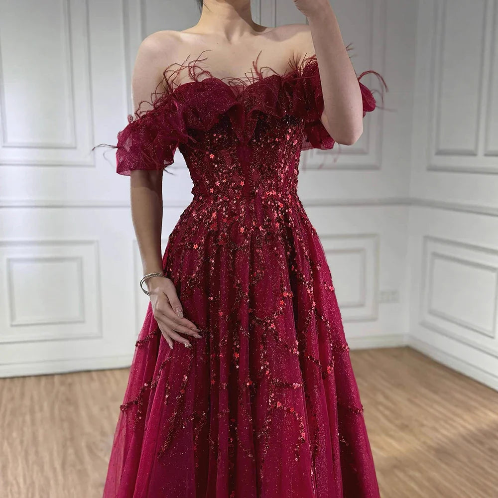 Luxury Turquoise Beaded Feather A Line Evening Dress LA71328