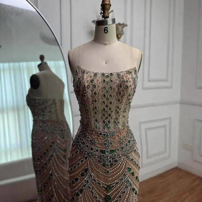 Luxury Green Beaded Saudi Arabic Evening Gown for Formal Occasion LA72842