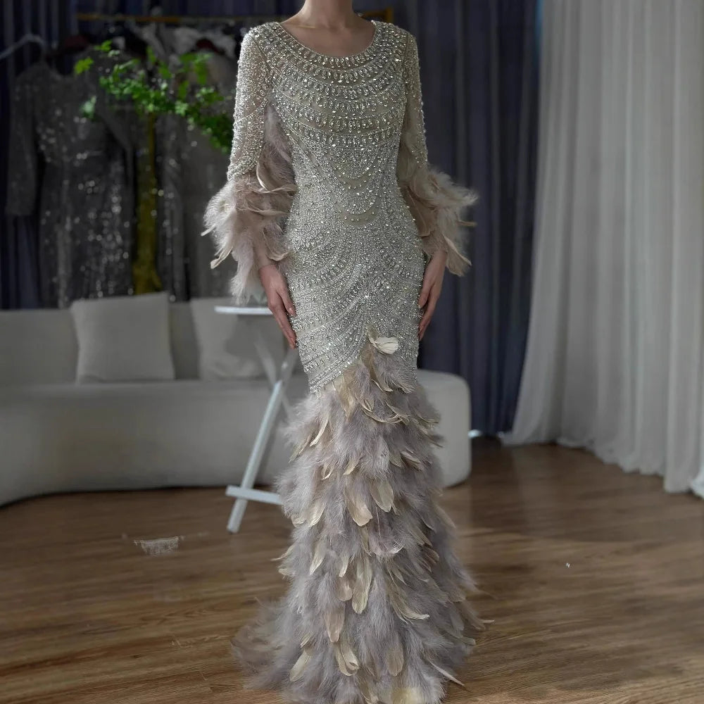 Luxury Dubai  Nude Saudi Arabic Evening Gown with Beaded Feathers Dress for Formal Occasion LA72736