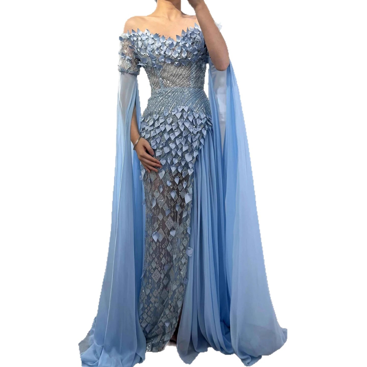 Luxury Dubai Blue 3D Flower Evening Dress With Cape LA73381