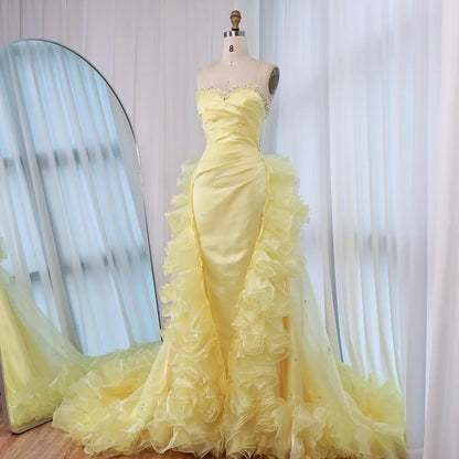 Luxury Dubai   Evening Gown for Formal Occasion Elegant Yellow Dress with Ruffles and Beaded Details LA72889