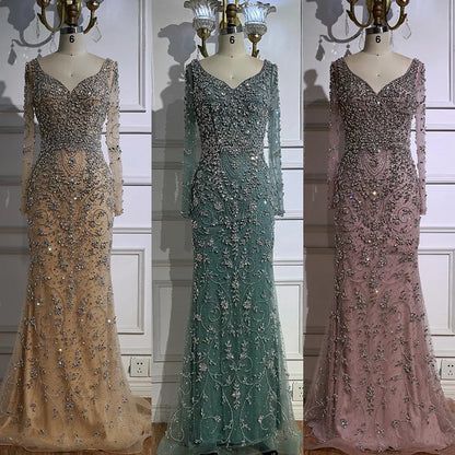Luxury Nude Beaded Crystal Evening Dress with Long Sleeves LA73042