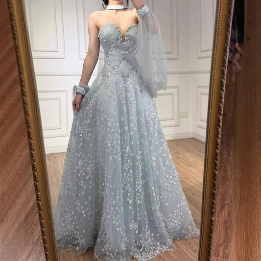 Luxury Dubai Arabic Light Blue Dreamy A-Line Evening Dress LA73099