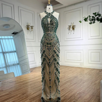 Luxury Blue Halter Crystal Beaded Evening Dress LA72760
