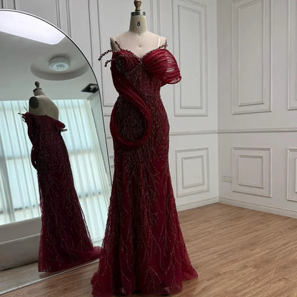 Pink One-Shoulder Luxury Beaded Cut Out Mermaid Evening Dress LA72455