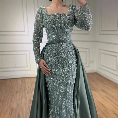 Luxury Arabic Turquoise Mermaid Beaded Evening Gown with Overskirt LA72533A