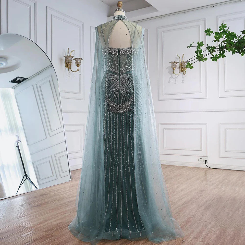 Luxury Turquoise Crystal Beaded Evening Dress with Cape LA73202