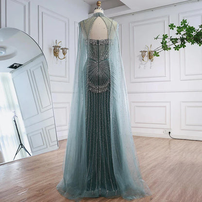 Luxury Turquoise Crystal Beaded Evening Dress with Cape LA73202