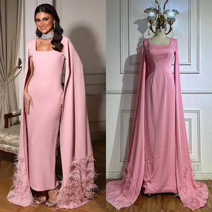 Luxury Arabic Pink Mermaid Evening Dress with Feather Cape LA72855