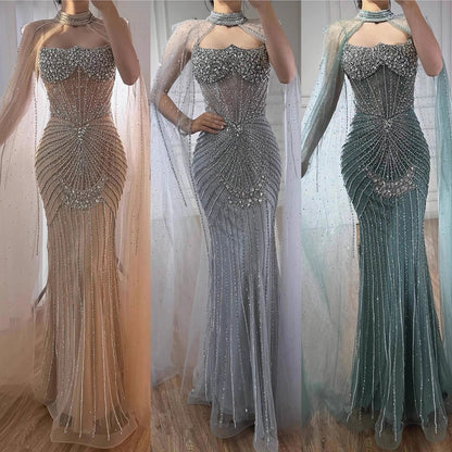 Luxury Turquoise Crystal Beaded Evening Dress with Cape LA73202