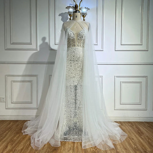 Luxury White Sequin Mermaid Evening Dress with Cape LA72996