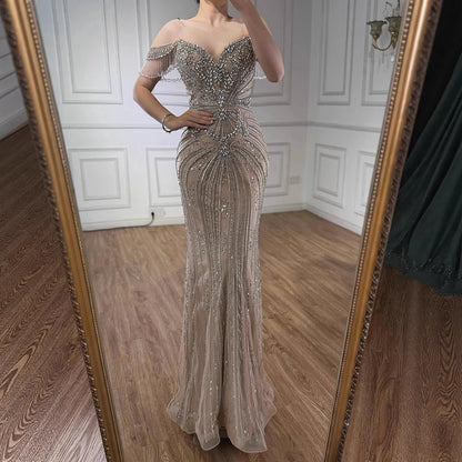 Luxury Pink Crystal Tassel Off Shoulder Evening Dress Dubai LA73204