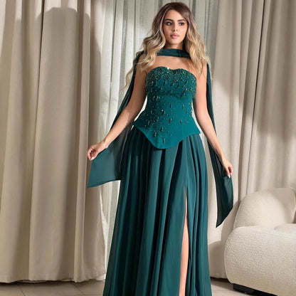 Luxury Green Beaded Corset Evening Dress with Cape LA73367