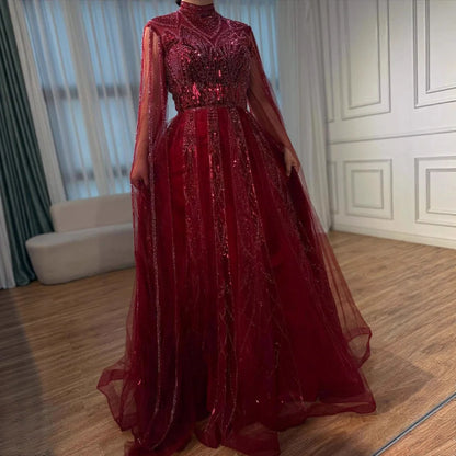 Luxury Brown Beaded Evening Gown with Cape Arabic Style LA72951