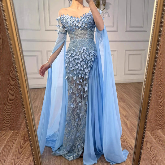 Luxury Dubai Blue 3D Flower Evening Dress With Cape LA73381