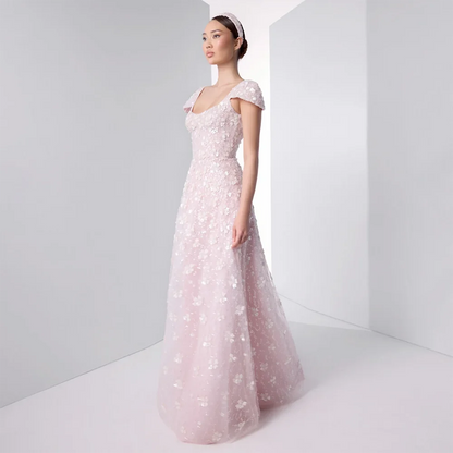 Luxury Pink Floral Appliqué Evening Dress with Open Back 2025 LA73119