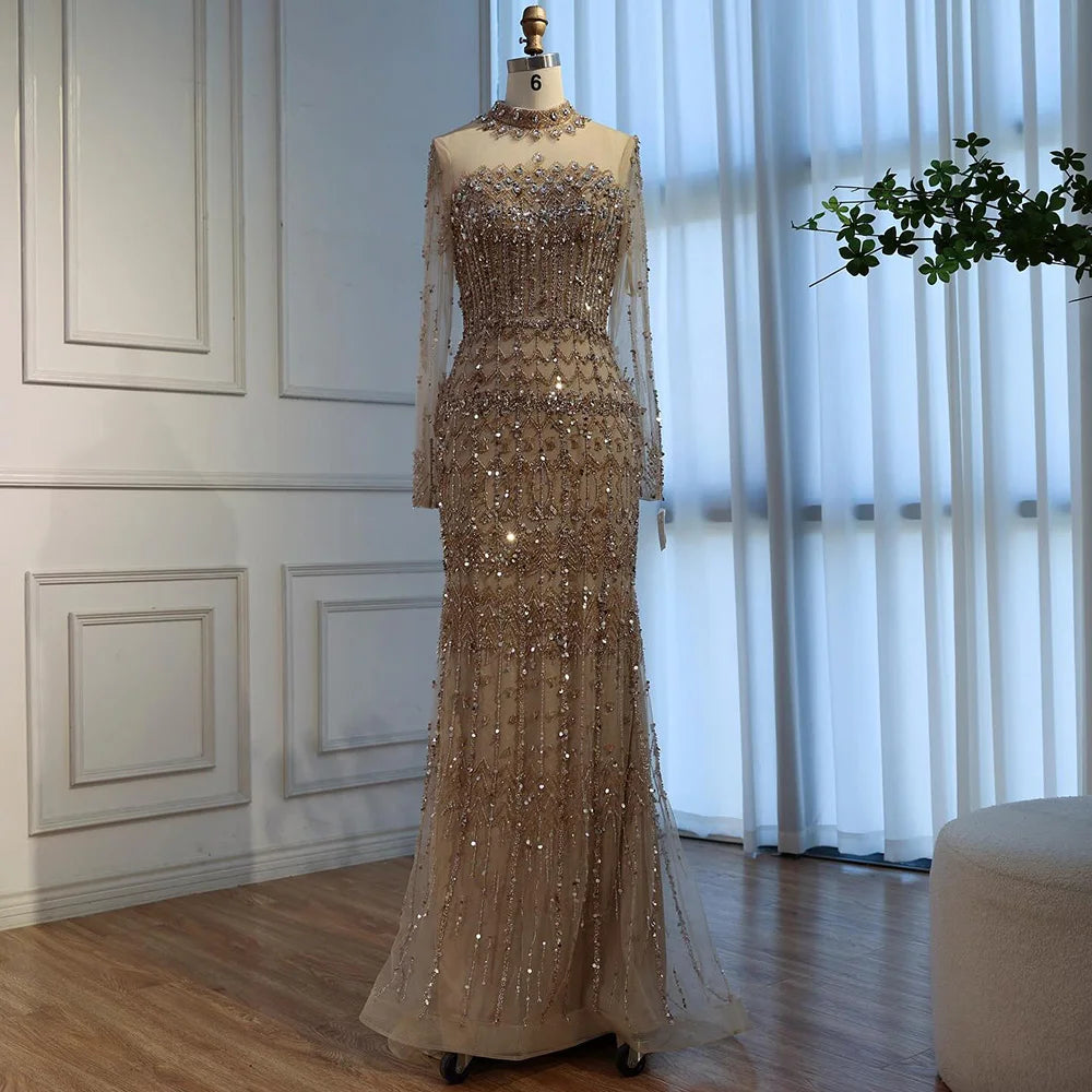 Luxury Arabic Turquoise Beaded Mermaid Evening Dress Long Sleeve LA72714C