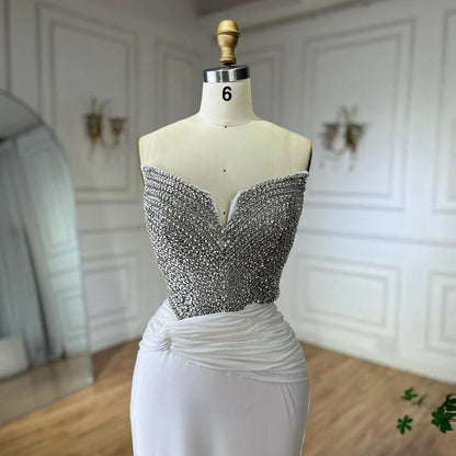Luxury Dubai  Elegant White Arabic Evening Gown with Crystal Beaded Dress and Gloves for Formal Occasion LA72758