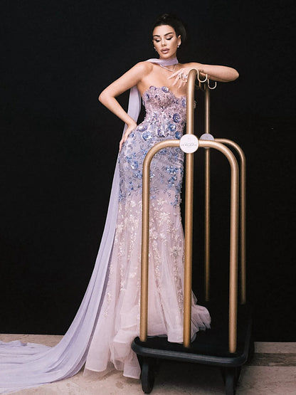 Luxury Lilac 3D Flower Evening Dress with Cape LA73345