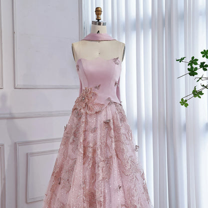 فستان سهرة فاخر وردي اللون مكون من قطعتين بتصميم A-Line مع كاب LA73415