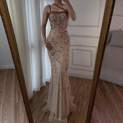 Luxury Red Saudi Arabic Crystal Beaded One Shoulder Evening Dress LA73135