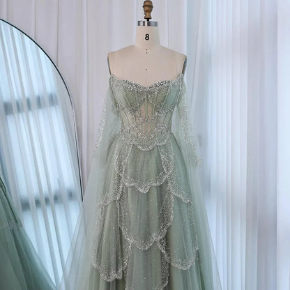 Luxury Arabic Sage Green Beaded A-Line Evening Dress with Cape LA72605A
