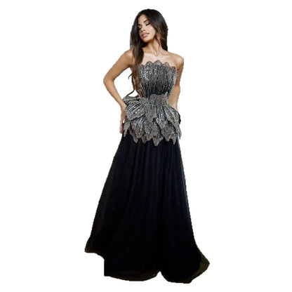 Luxury Black Strapless Beaded Applique A-Line Evening Dress LA73337
