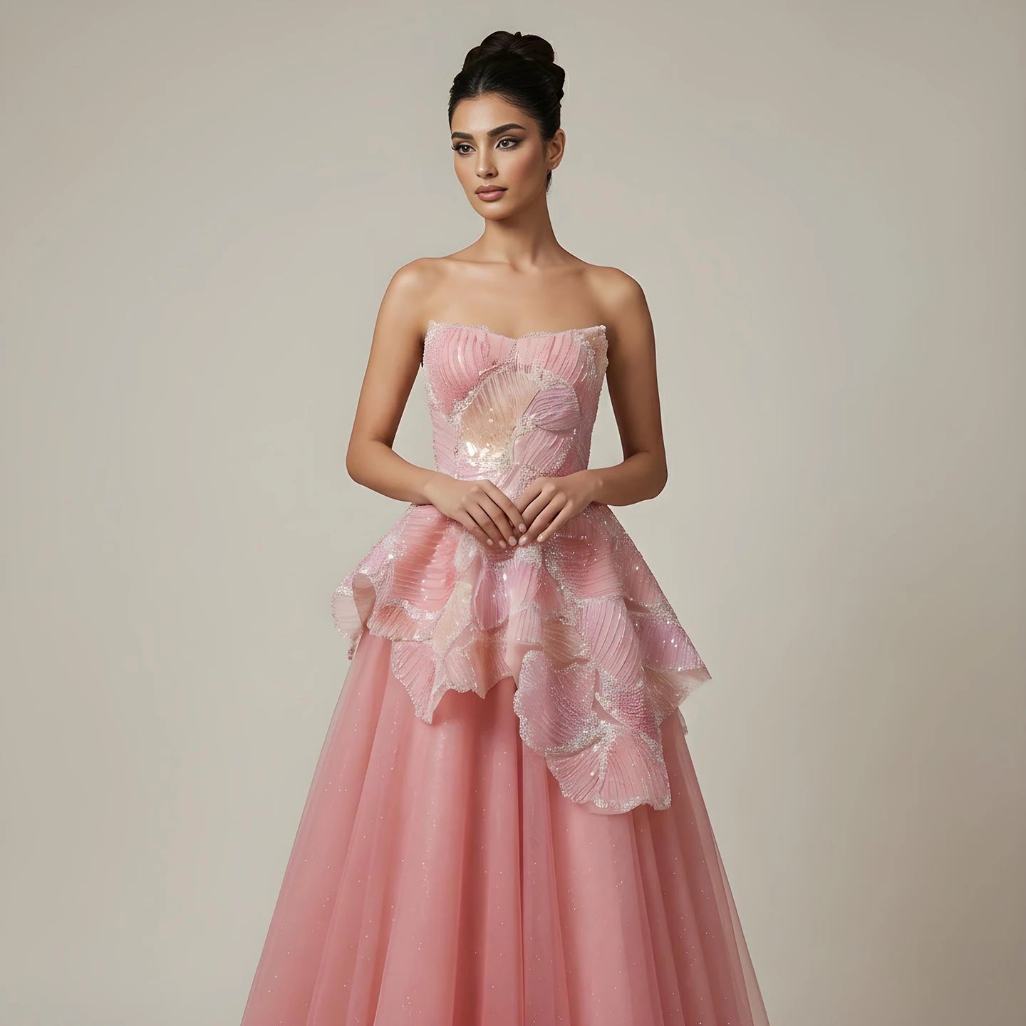 Luxury Peach Floral Appliqué A-Line Sparkly Evening Dress LA73185