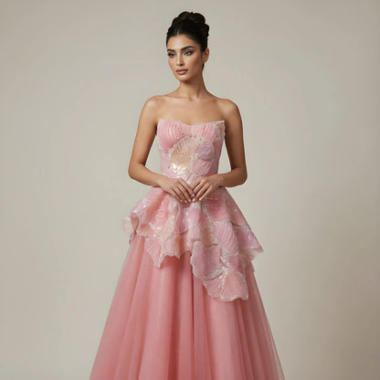 Luxury Peach Floral Appliqué A-Line Sparkly Evening Dress LA73185