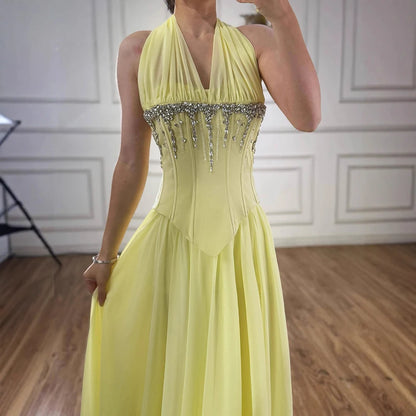 Luxury Designer Sage Green Chiffon Halter Beaded   Evening Dress LA73074