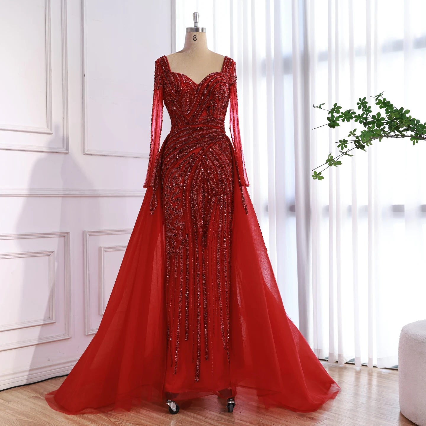 Luxury Dubai Pink Evening Dress Long Sleeve with Train LA73198