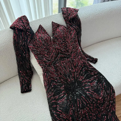 Luxury Wine Red Sequined Long Sleeve Evening Dress LA73126