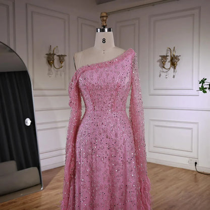 Luxury Feather One Shoulder Evening Dress with Cape Sleeves LA72763