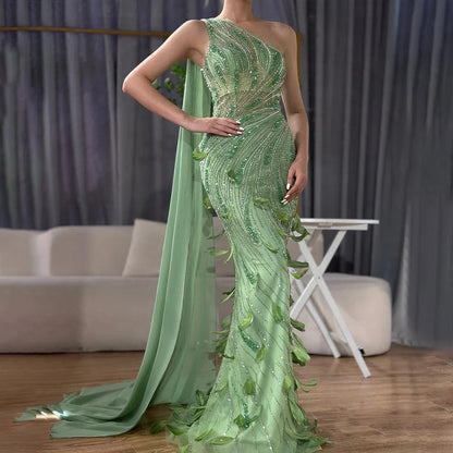 Green One-Shoulder Beaded Feathers Evening Gown with Side Cape Shawl LA72698