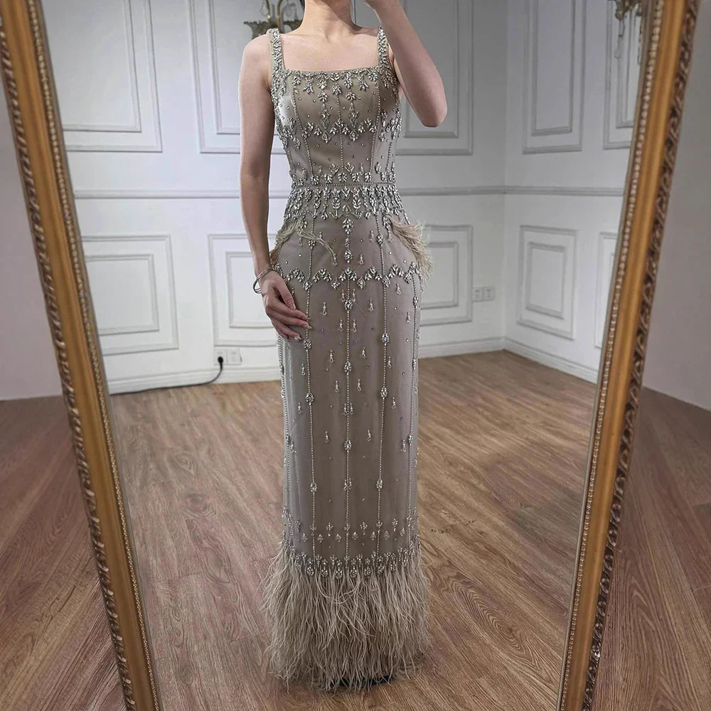 Luxury Caramel Beaded Mermaid Evening Dress with Feathers LA71492B