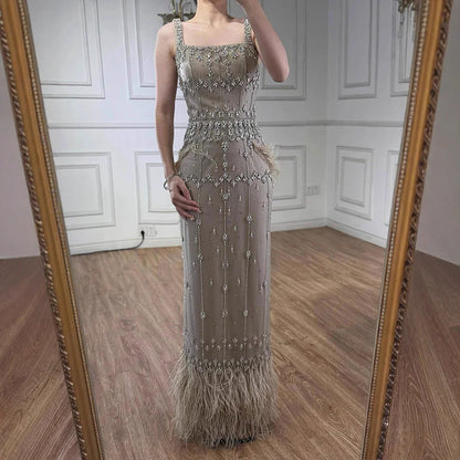 Luxury Caramel Beaded Mermaid Evening Dress with Feathers LA71492B