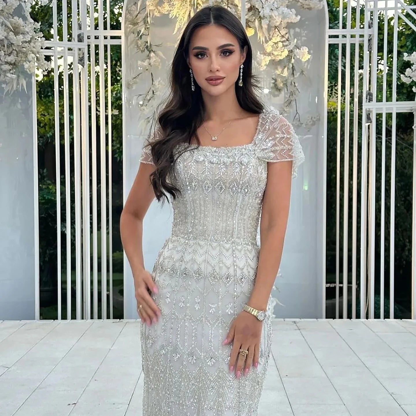 Luxury White Mermaid Beaded Evening Dress with Short Sleeves LA72714