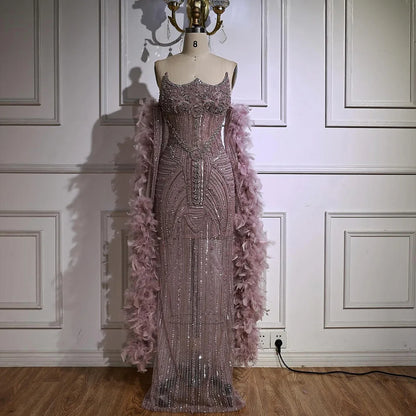 Luxury Caramel Beaded Evening Dress with Feather Sleeves LA73055