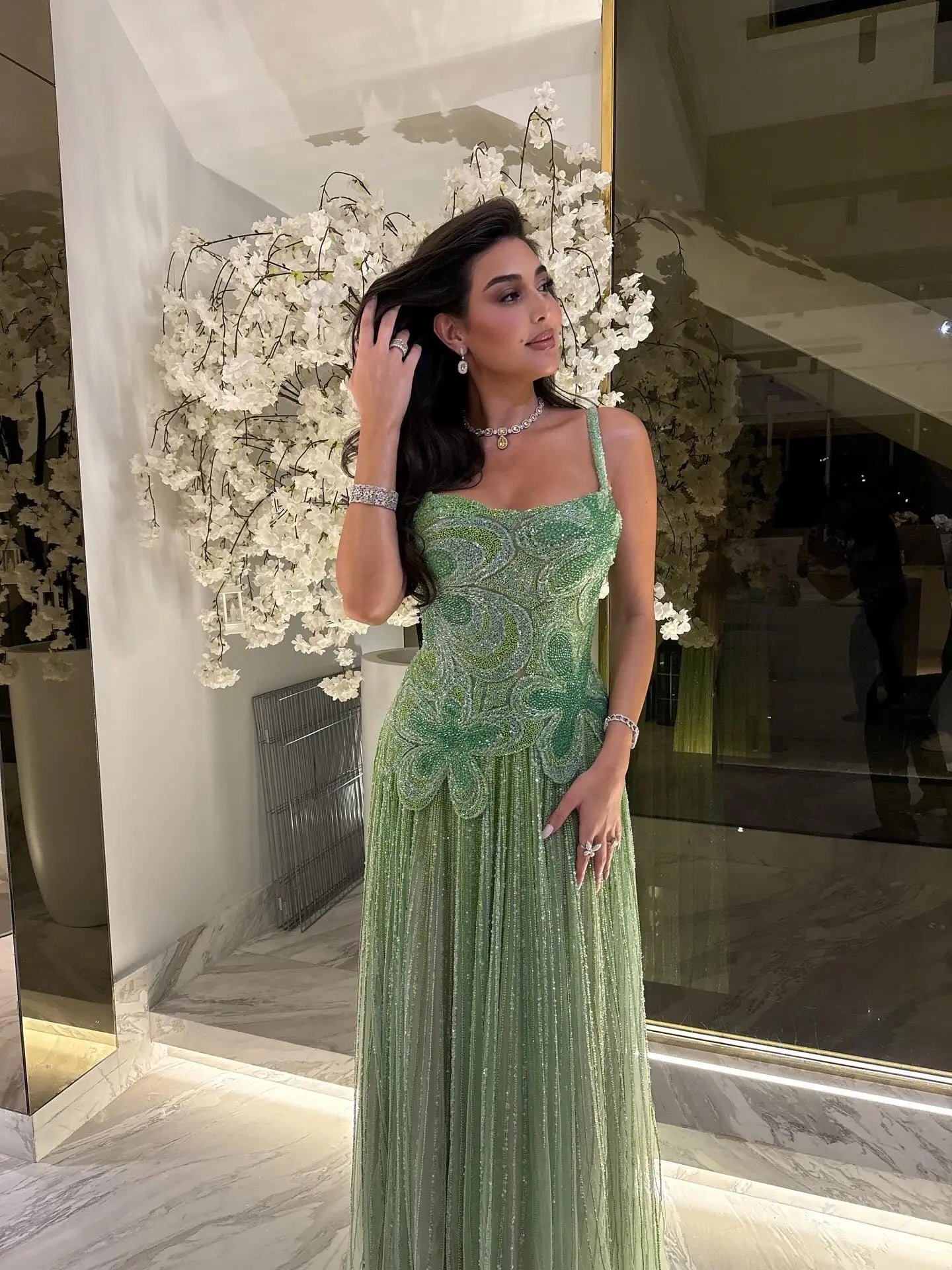Luxury Arabic Green Beaded Spaghetti Strap Evening Dress LA73332