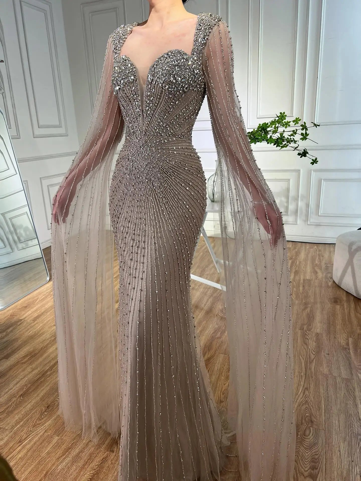 Luxury Caramel Crystal Beaded Mermaid Evening Dress with Cape LA72575D