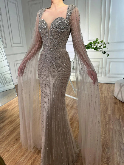Luxury Caramel Crystal Beaded Mermaid Evening Dress with Cape LA72575D