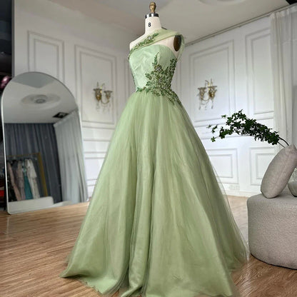 Luxury Dubai  Sage Green Elegant One-Shoulder A-Line Appliques Long Arabic Evening Gown for Formal Occasion LA72783