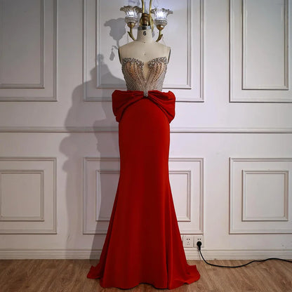 Designer Red Satin Evening Dress with Bow LA73060