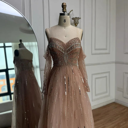 Luxury Caramel Crystal Beaded Strapless Long Sleeve Mermaid Evening Dress LA73130