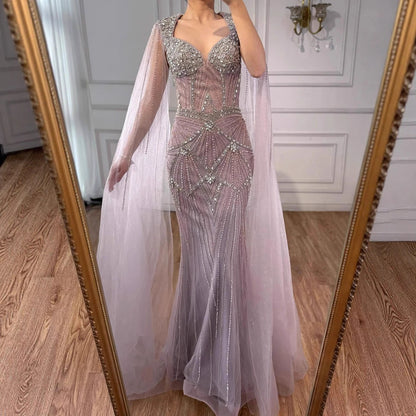 Luxury Dubai Pink Beaded Evening Dress With Cape LA73329