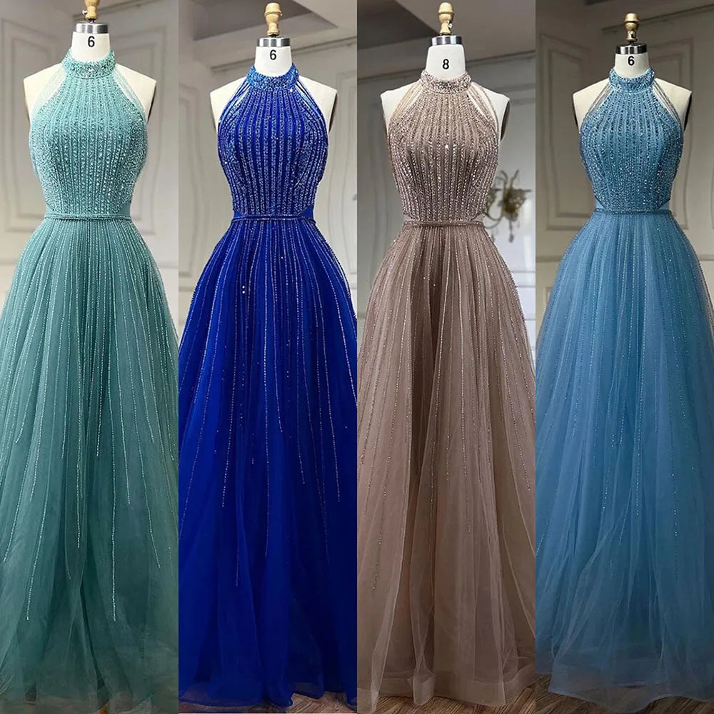 Luxury Arabic Blue Sequin Tassel Halter A Line Evening Dress LA72227