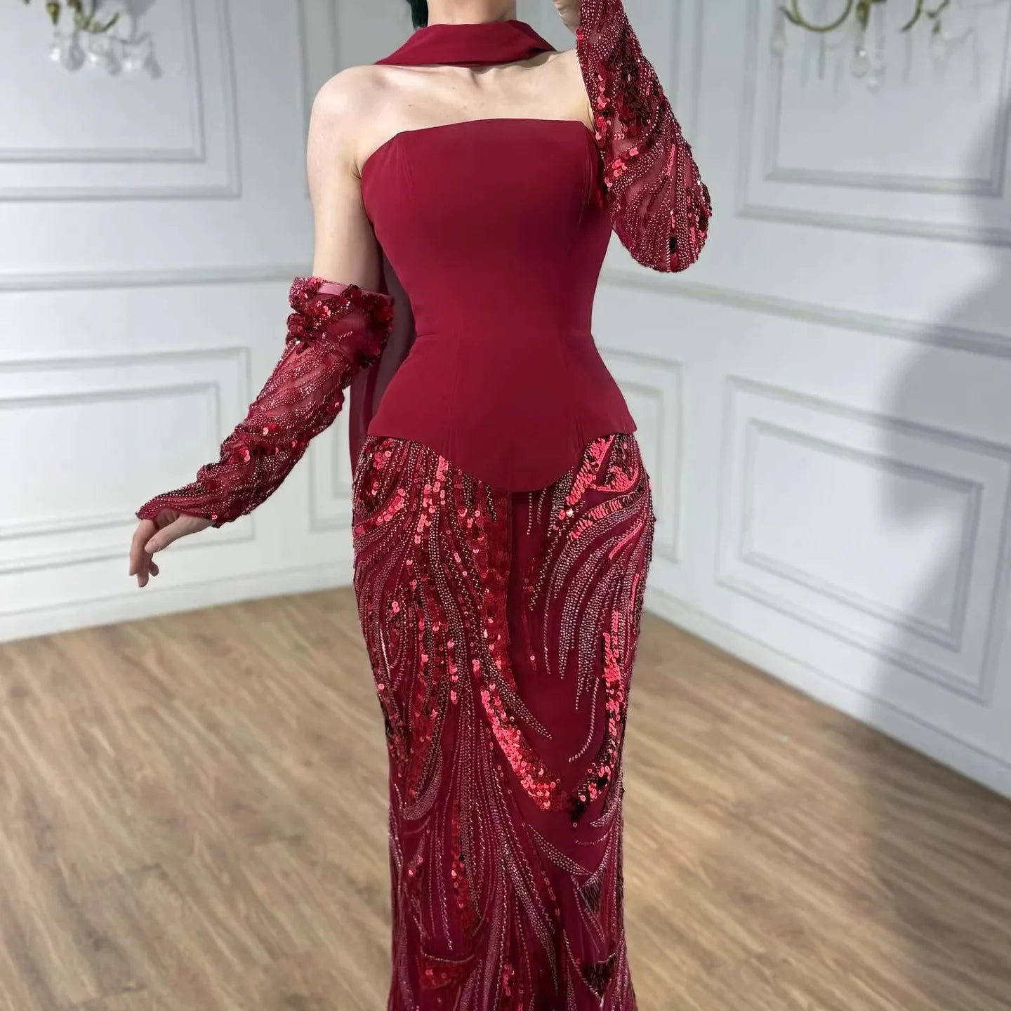 Luxuriöses weinrotes Meerjungfrauen-Abendkleid mit Handschuhen LA73050E