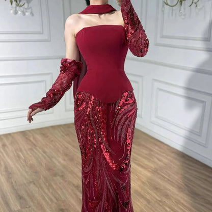 Luxuriöses weinrotes Meerjungfrauen-Abendkleid mit Handschuhen LA73050E