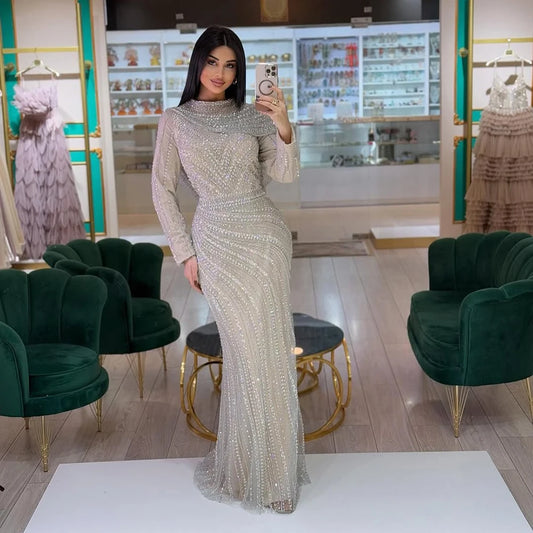 Luxury Muslim Silver Nude Beaded Sparkle long sleeve Evening Dress LA70752H